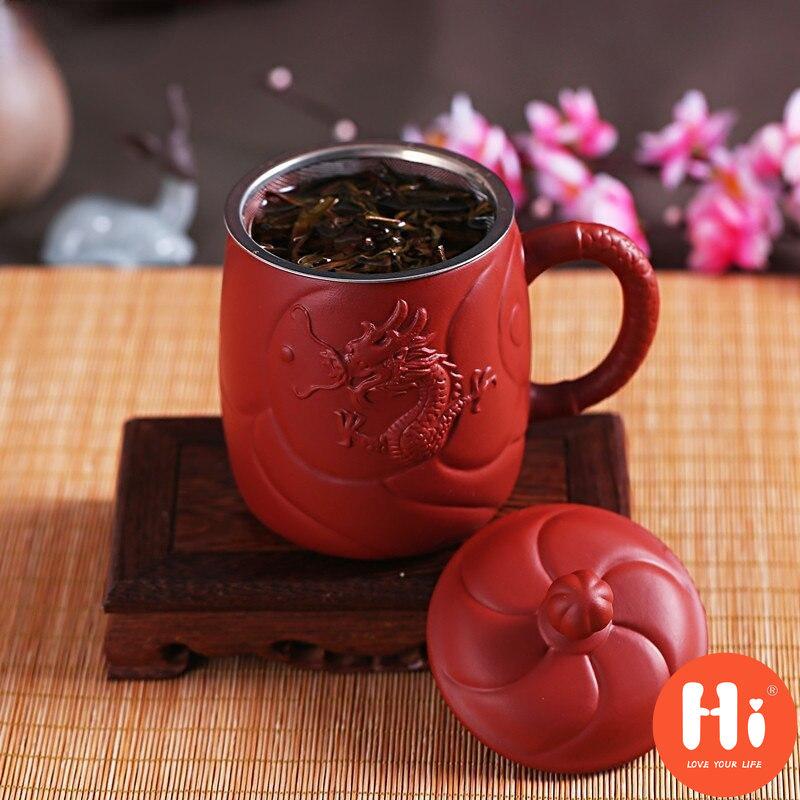 Hi fialová hlína reliéfní dračí šálky na čaj Retro hrnek na čaj s víčkem a infuzérem Ručně vyrobený šálek na vodu Nádobí na pití