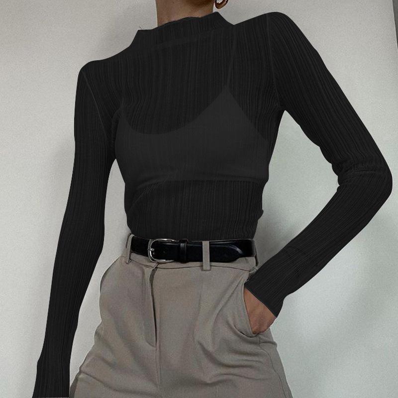 Long-Sleeve Mesh See-Through High-Neck Slim-Fit Women's Top