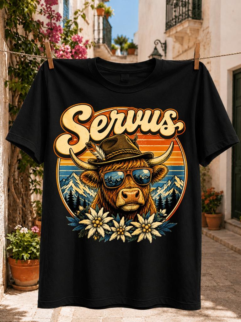 Servus Highland Cow Sunset orange retro alpine illustration Tee with a cow in with mountains Unisex All TShirt