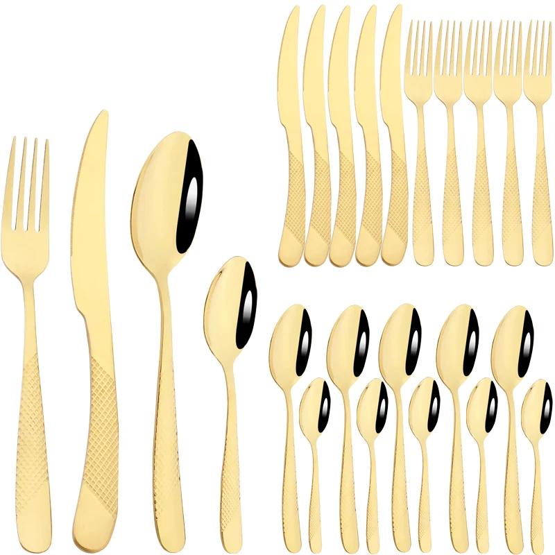 24PCS Cutlery Set Stainless Steel Tableware Knife and Fork Spoon Teaspoon Tableware Package Quality Gold Cutlery Sets