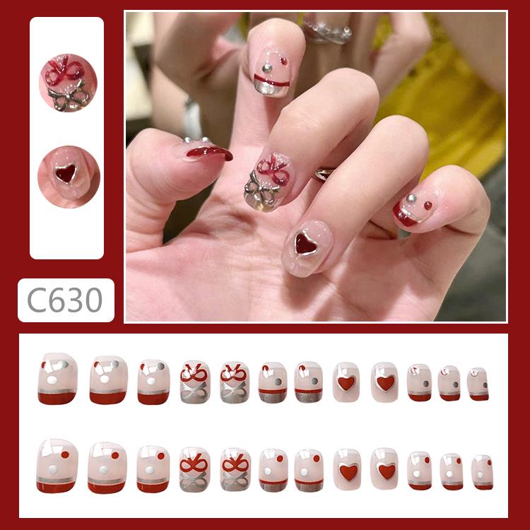 C630-Wearable Cute Cartoon Bow Nail Stickers for Girls - French Heart False Nail Art Patches