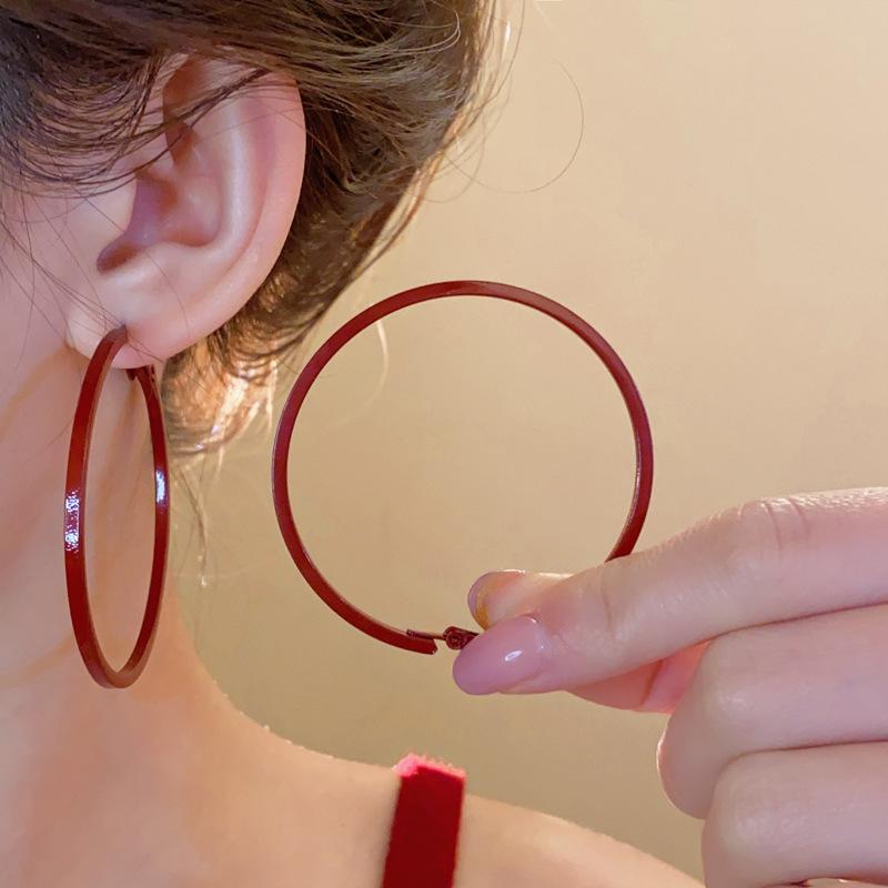 Red Round Earrings Earrings Hong Kong Style Retro Simple Temperament Earrings Women