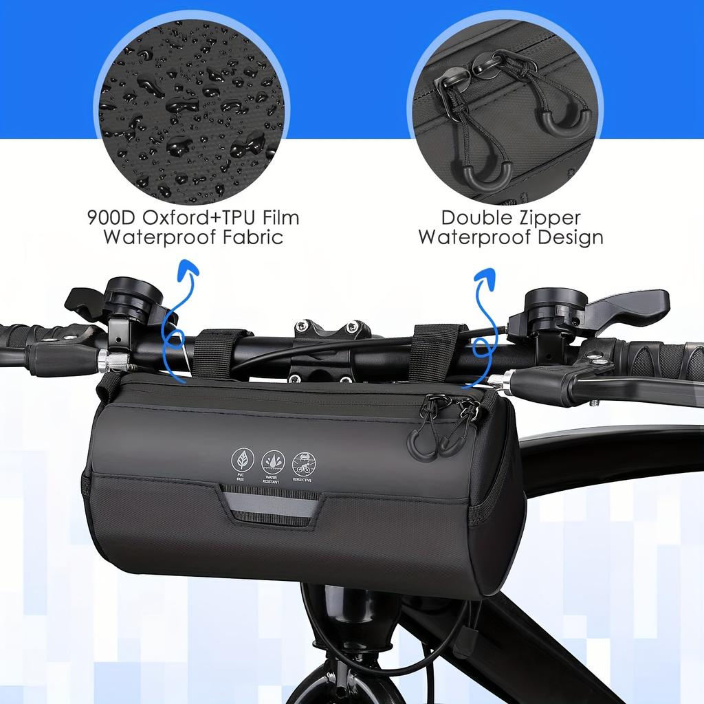 Bike Handlebar Bag Waterproof - Bicycle Handlebar Roll Bag with Large Reflective Area, Bike Front Pouch with Waterproof Zipper