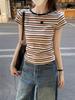 Women's 2025 Retro Color Block Striped Round Neck Short Sleeve T-shirt – Slim Fit Trendy Summer Top