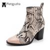 Fashion Sexy Serpentine Boots Woman Mixed Color Snake Prints Shoes Chunky High Heels Riding Botas Female Plus Size 36-43 Ankle Booties