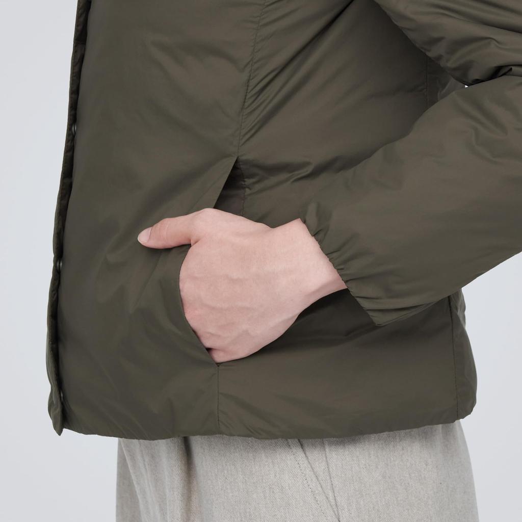 MUJI Lightweight Down Collarless Khaki Size XS Women's Jacket, (Anti-Static Lining), Green, (BD0X4A3A)