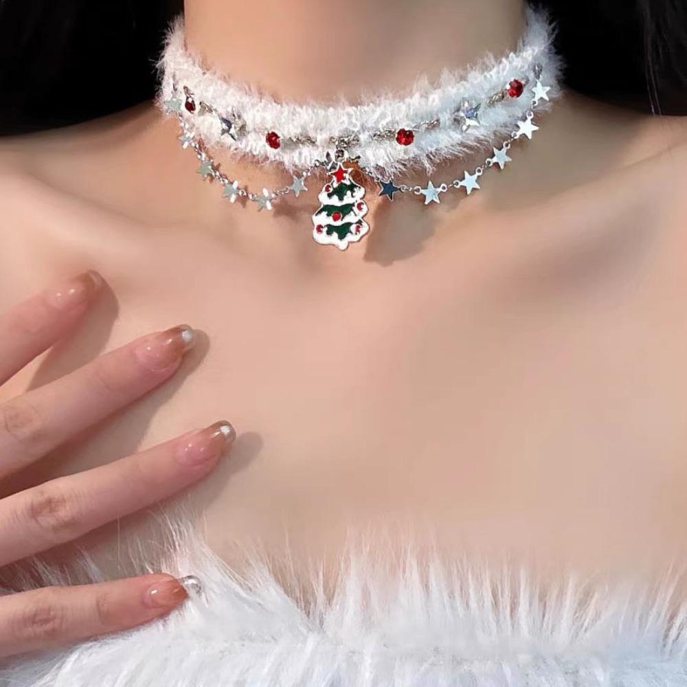 Tassel Christmas Plush Choker Santa Claus Xmas Clavicle Chain Snowflake Rhinestone Necklace  Girls