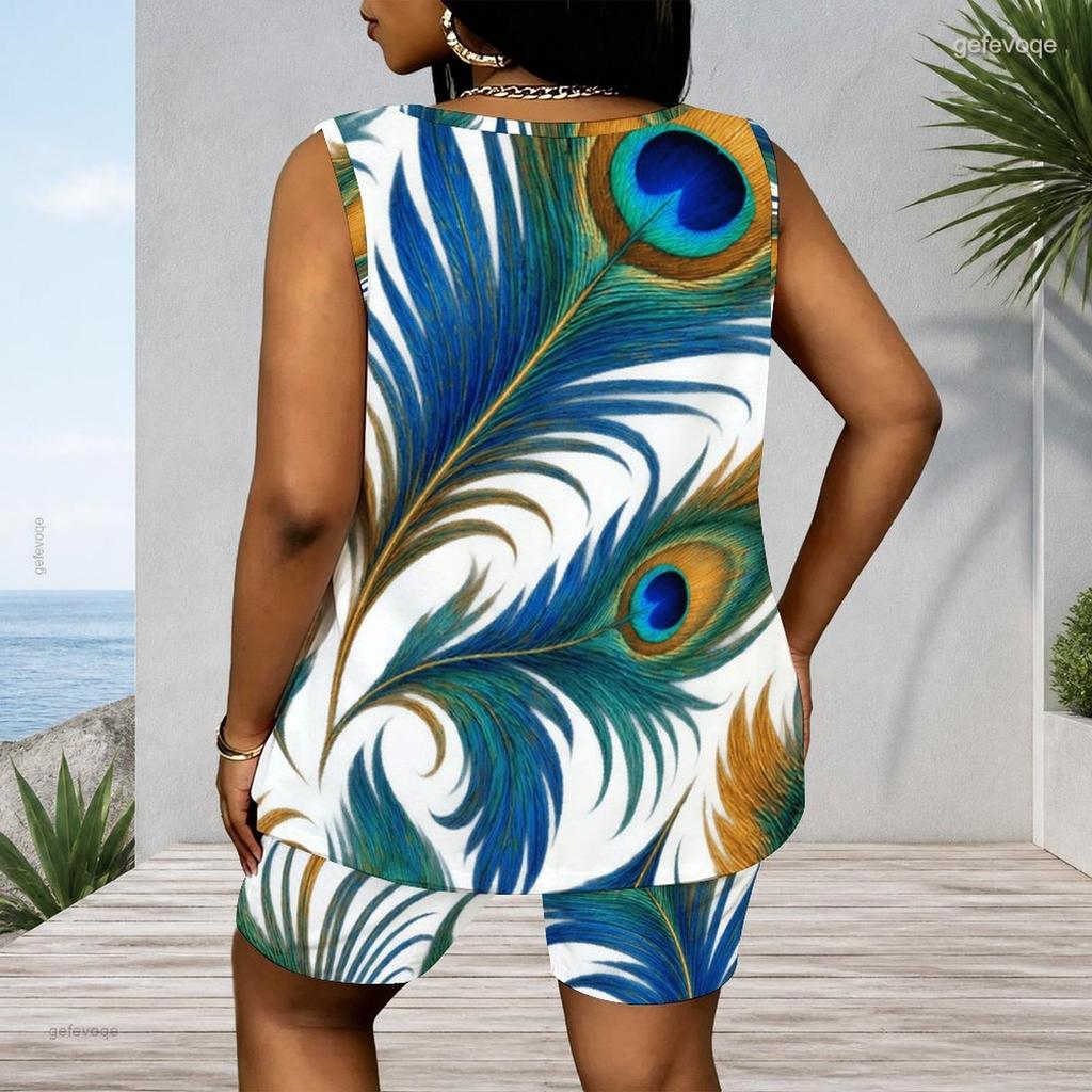 Women Plus Size Scoop Neck Sleeveless Peacock Feather Printed Tank Top And Shorts Two Piece Set