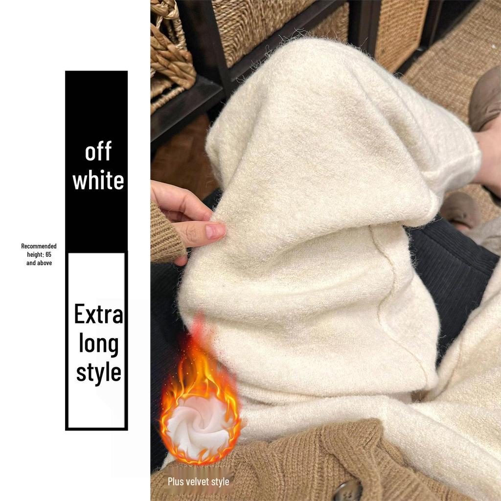 Women's Off-White Wool Blend Wide-Leg Pants: Autumn/Winter Style, Relaxed Fit, Fleece-Lined, Floor-Length Knit