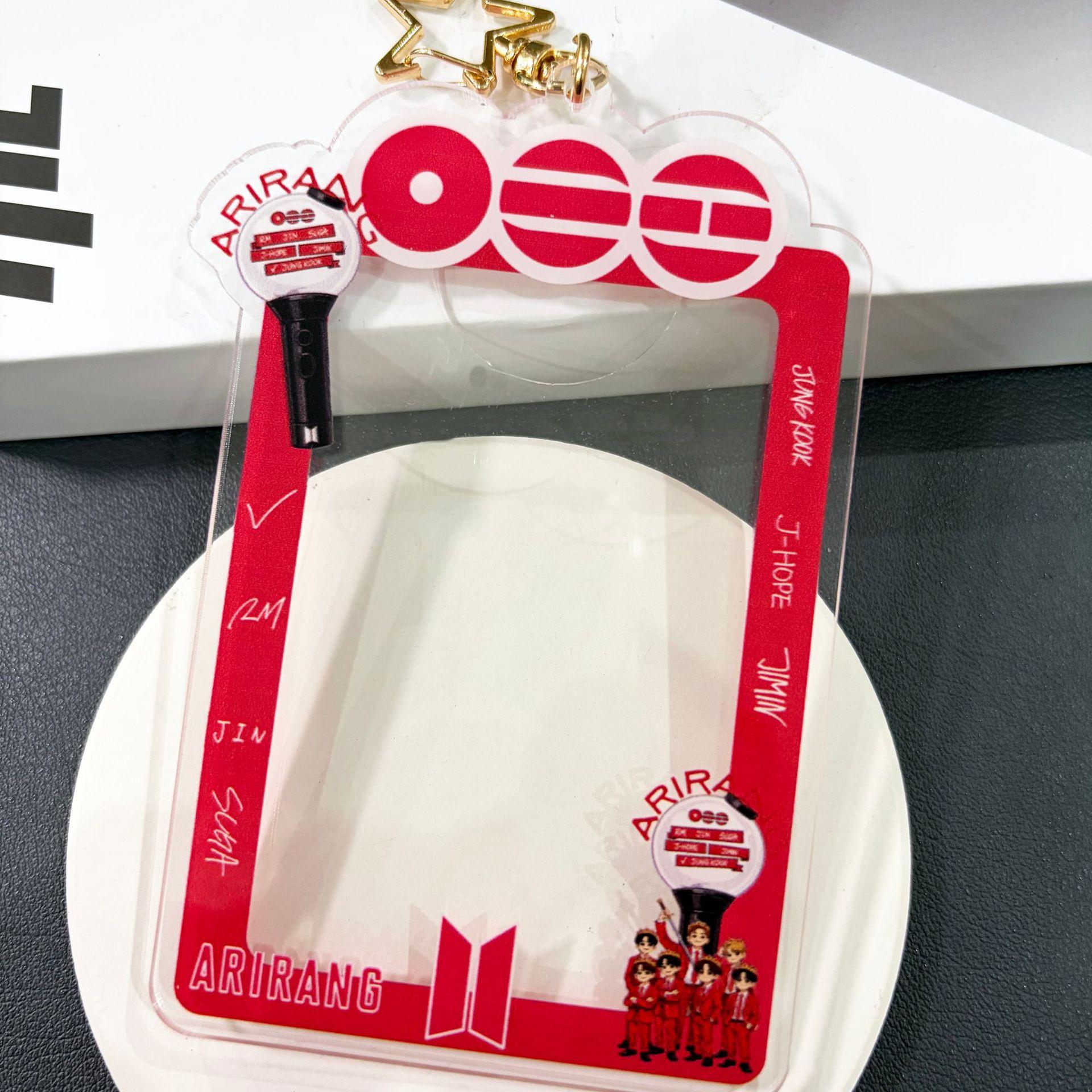 

BTS Arirang Tour Photocard Holder Keychain, Acrylic Photo Frame Keyring with Lightstick & Group Print, Kpop ARMY Fans Lomo Card Display Case