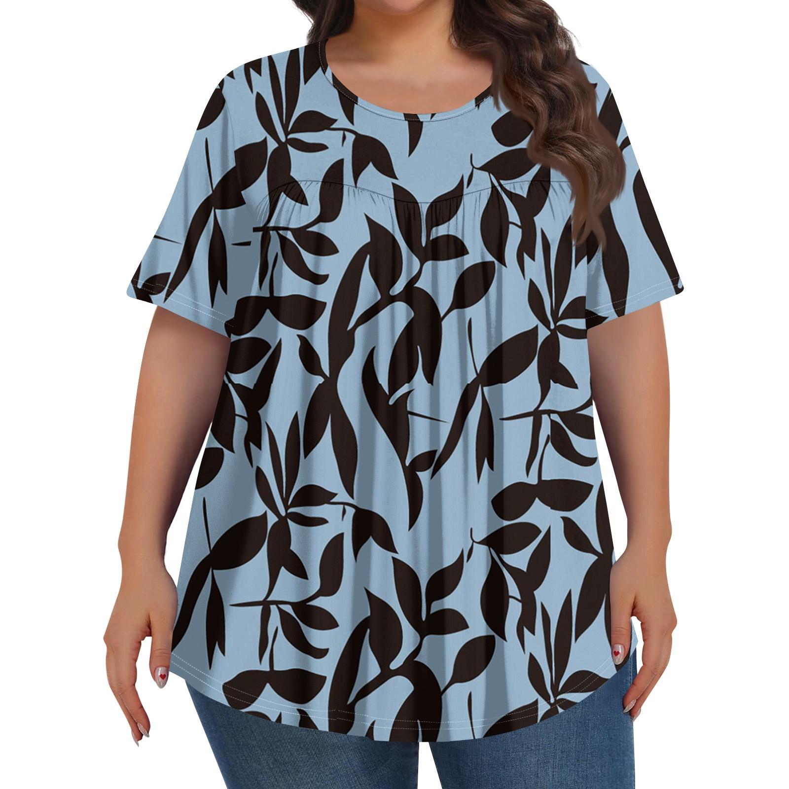 

Women s Fashion Plus-size Casual Short-sleeved Vintage Floral Print Crew-neck Front Pleat Top XXXXL