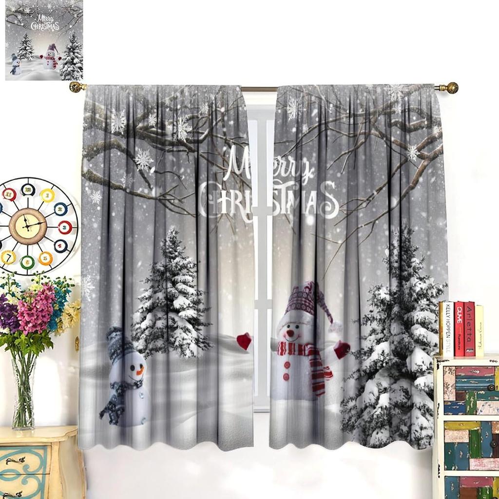 Merry Christmas Winter Snowman Curtain Xmas Tree Snowflake Holiday Curtains Bedroom Living Room Bathroom Red Polyester Sitting Window Treatment