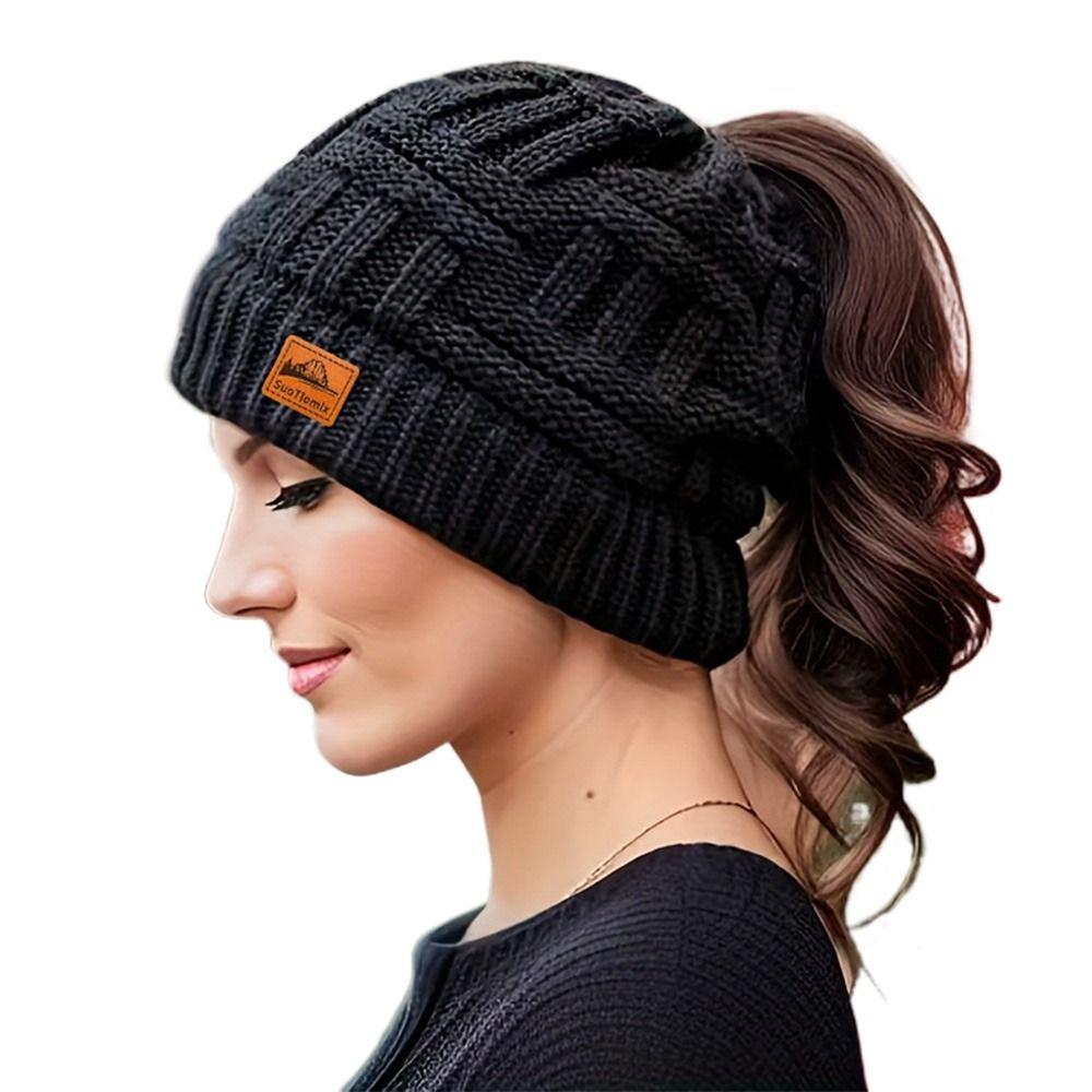 Fashion Crochet Ponytail Winter Hats Knitted Solid Color Knitted Cap Warm Ear Protection Women's Hat Autumn