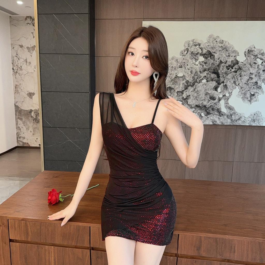 Celebrity mesh yarn single shoulder suspender dress women's summer temperament senior sexy royal sister sequined hip skirt