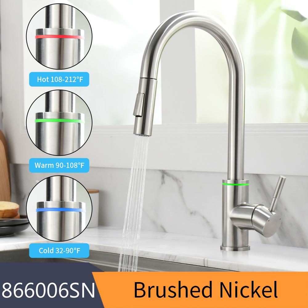 Brushed Nickel Kitchen Faucet Single Hole LED Style Pull Out Spout Kitchen Sink Stream Sprayer Head Black Mixer Tap LED 866006