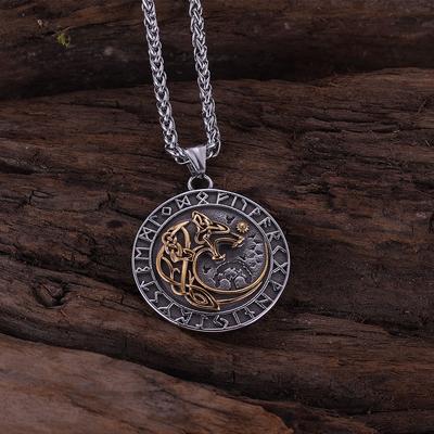 Stainless Steel Nordic Mythology Wolf Necklace Viking Vintage Rune Amulet for Men Women Pendant Jewelry Gift