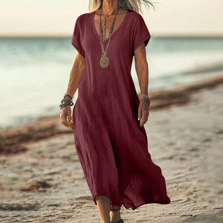 Abito Lungo da Donna con Scollo a V, Manica Corta, Texture Lino, Vestibilità Ampia, Multicolore