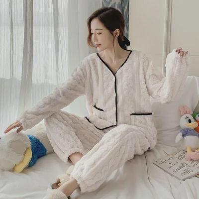 Kadın Plus Kadife Flanel Pijama Takımı - Sonbahar ve Kış İçin Tatlı, Sıcak, Düz Renkli Ev Giyimi