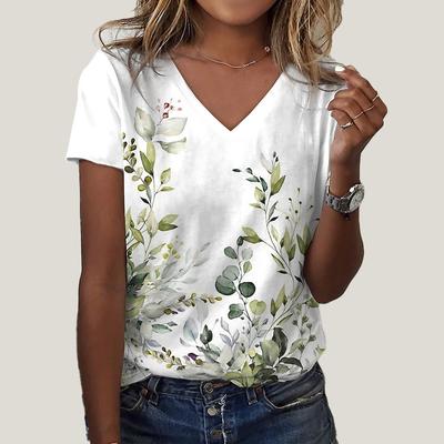 Women's V-neck Short Sleeved Green Leaf Printed Top Loose T-shirt Casual Shirt