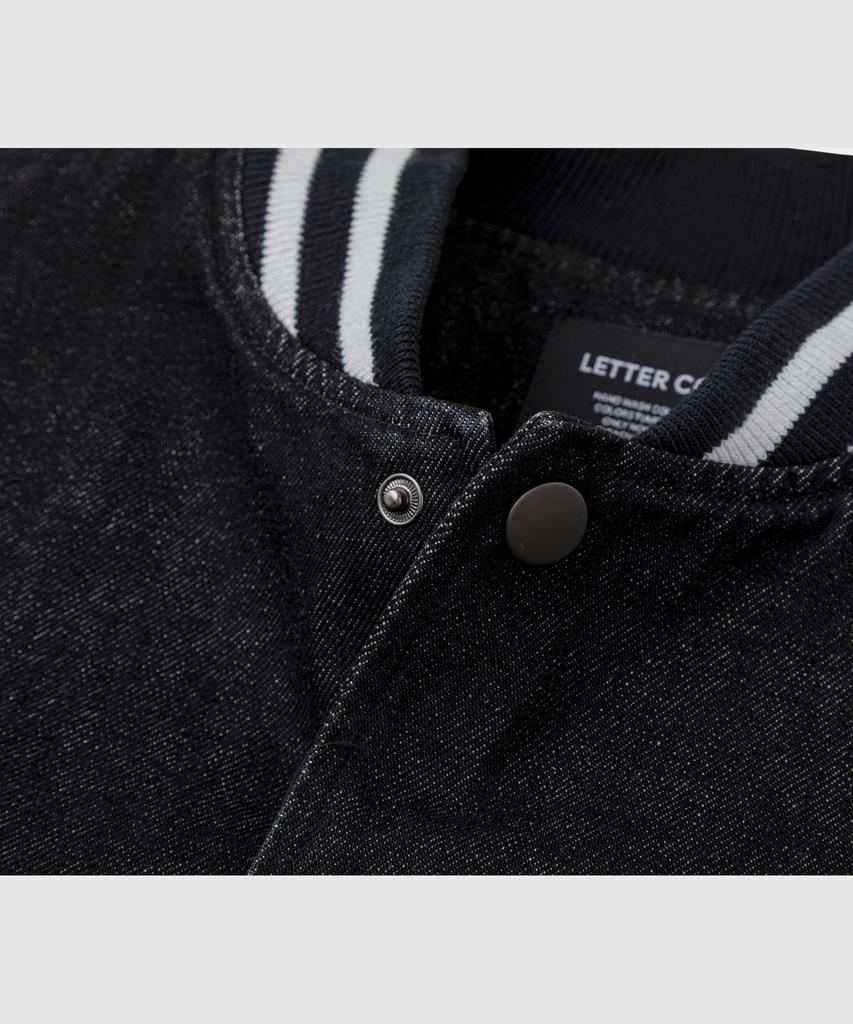 LETTERCOMO Round Pocket Denim Varsity Jacket Black
