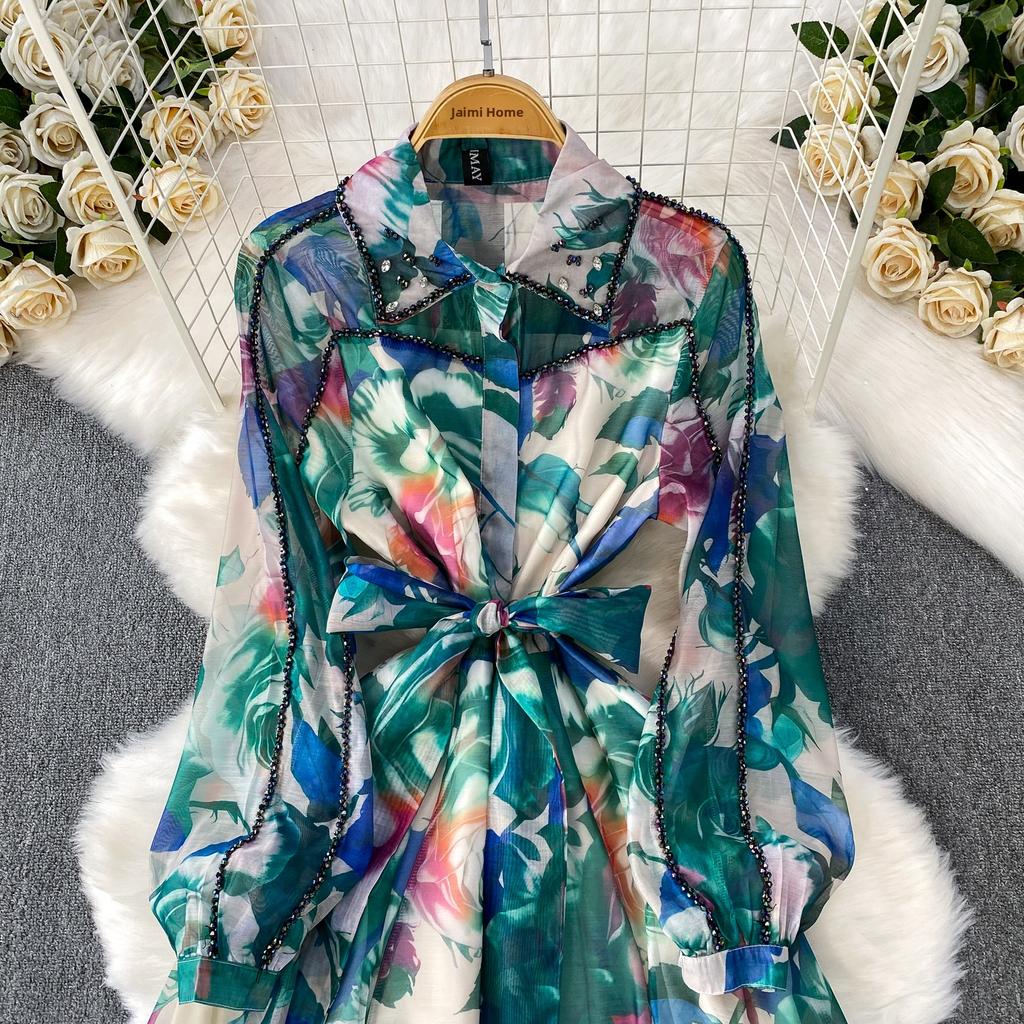 Diamond Embedded Gemstone Collared Long Dr Women's Slimming Beautiful Holiday Print Full Dresses  A-Line Woman Dress