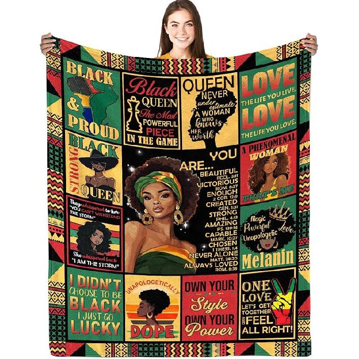 African American Gifts for Women, Afro Black Girl Blanket 50 x60 , African American Throw Blanket with Inspiring Positive Quotes, Christmas Birthday African American