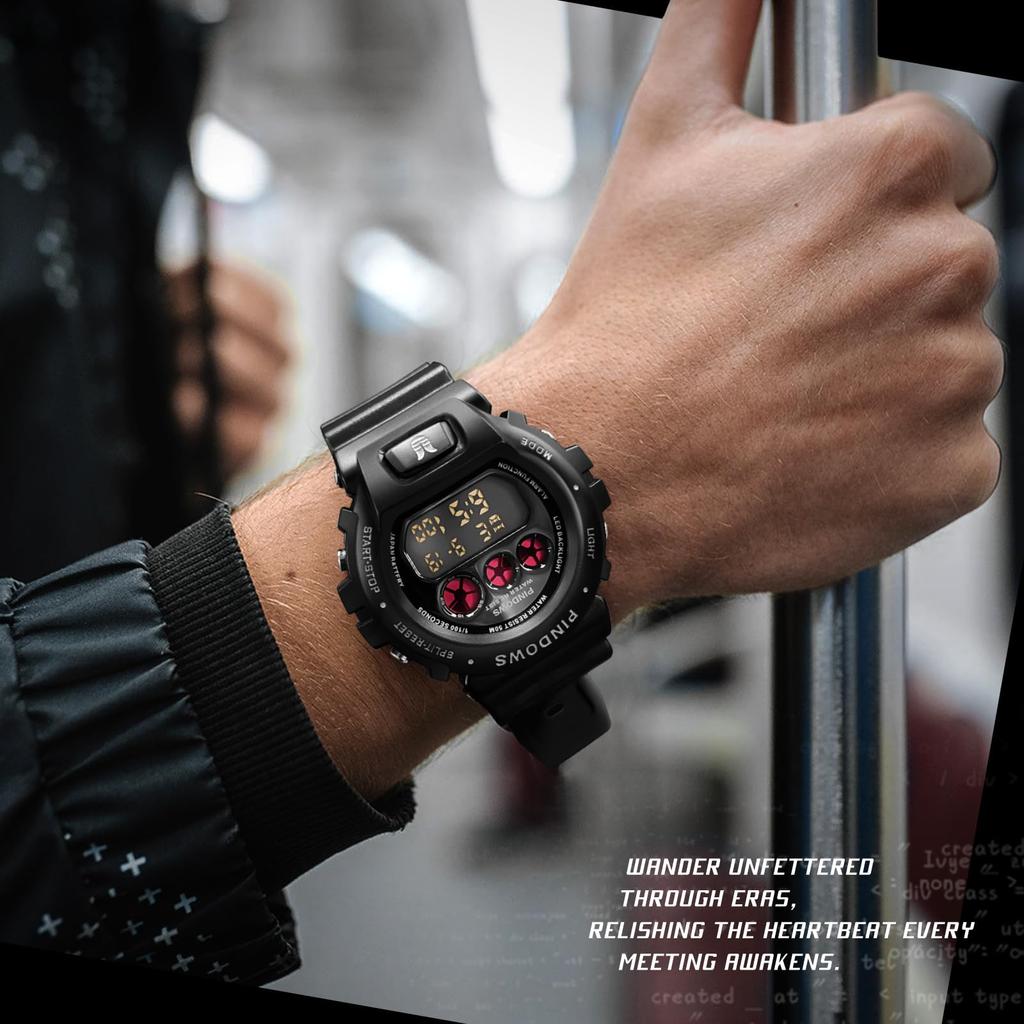 PINDOWS Digital Sports Watch with and 50M Water LED and Tactical Watch Men's Stopwatch, Alarm, Timer, Resistance, Backlight, Multi-Function Men's