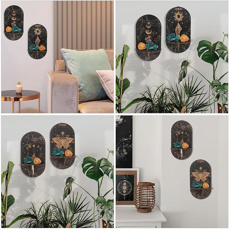 Crystal Shelf Display Wall Stand Wooden Carving Pattern Home Candle Holder Craft Display Stand Boho Style Crystal Hanging Stand