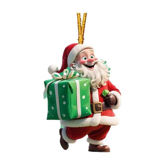 Christmas Ornament Smiling Santa Claus Holding Gift Pendant 3D Effect Acrylic Hanging Pendant Festive Home Decor