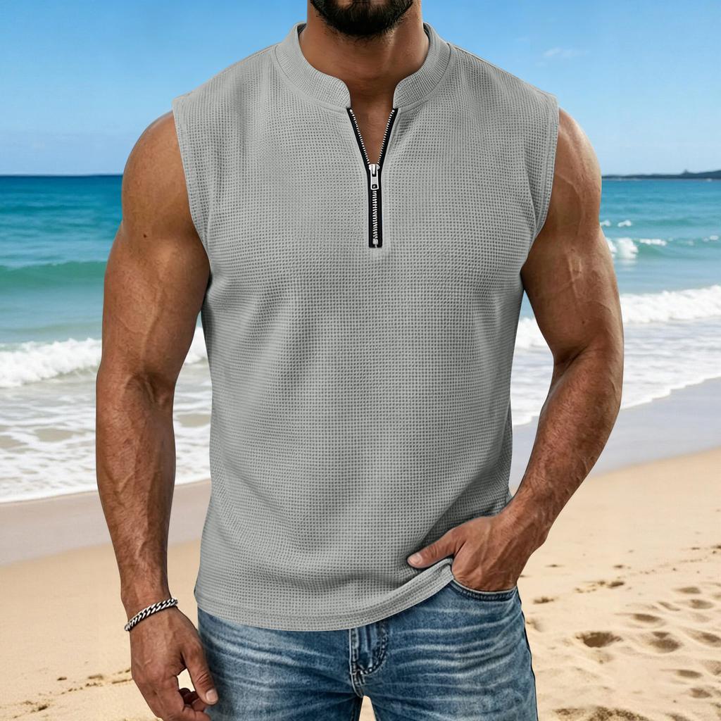 Men's Summer -Weave Vest: Lightweight, Sleeveless, Stand-Up Collar Top