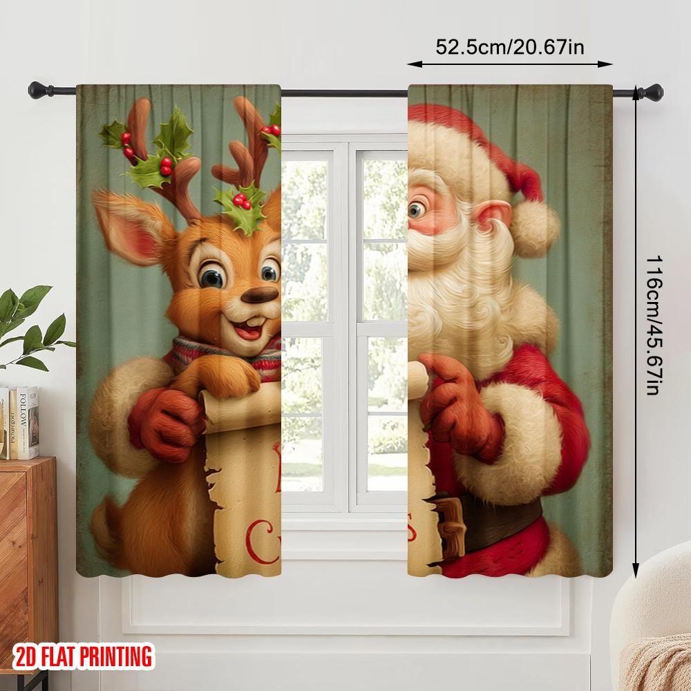 2pcs,2D plane printing Window Curtain Santa & Reindeer Polyester (without rod) Festive Ldeal for Bedroom, Living Room