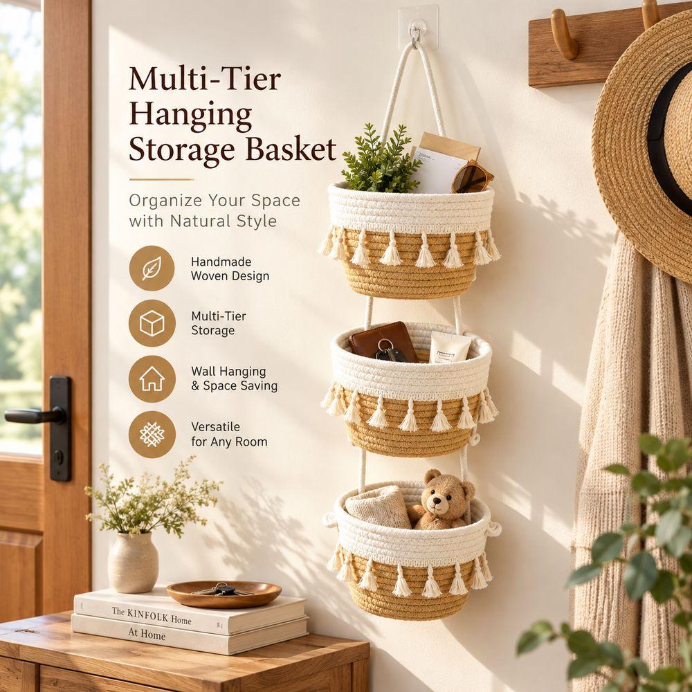 Handmade Hanging Storage Basket Cotton Rope Wall Basket Organizer Tiered Storage Organizer