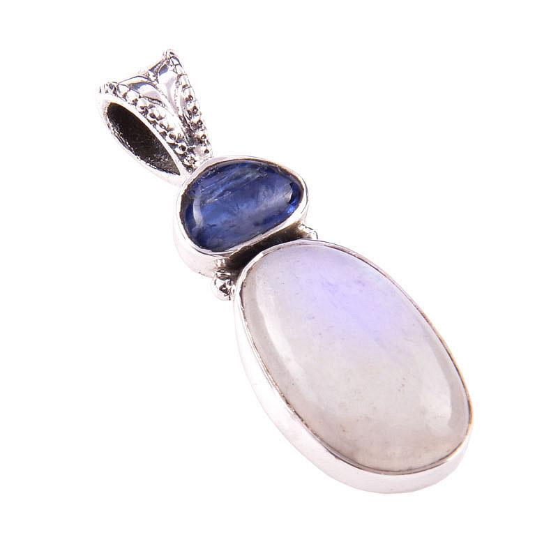 Natural Rainbow Moonstone,Kyanite 925 Solid Sterling Silver Pendant 1.25'' I4S72