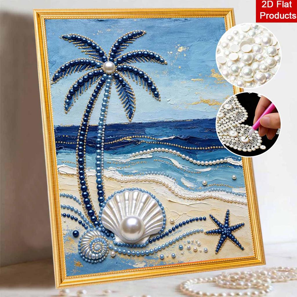 Frameless Pearl Painting DIY Kit Ocean Beach Palm Tree Seashell Starfish 3D Sparkling Bead Canvas Relaxing Creative Craft for Art Lovers