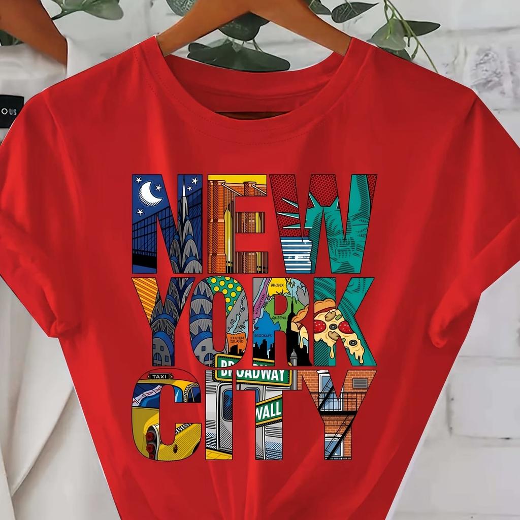 Women's Summer 100% Cotton Fashion Casual New York City Pattern Printed Loose Round Neck Short Sleeve T-shirt Top
