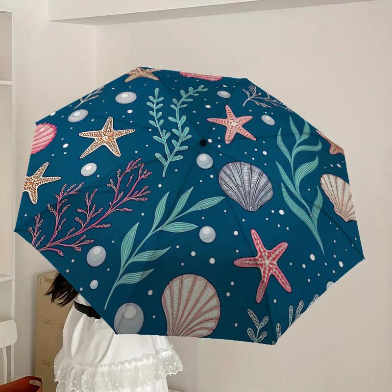 1pc Oceanic Seashells Starfish Pearls Pattern Umbrella with Plastic Handle,Suitable for All Seasons Home Travel Outdoor UmbrellaDD1595