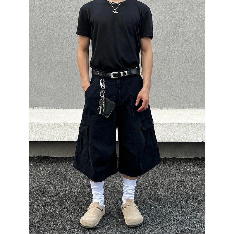 Blaexit American Vintage Black Workwear Capri Pants Multi-Pocket Shorts Casual Loose Wide-Leg Cargo Pants