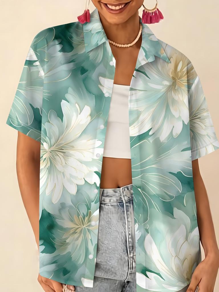 Gentle blue floral printed shirt for women, short-sleeve loose lapel design, niche vacation style top