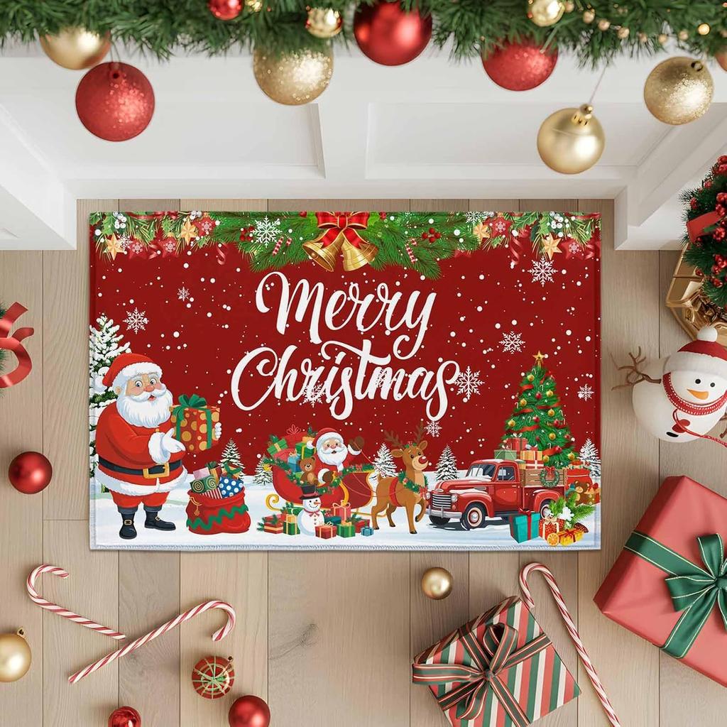 VIKAMA Red Christmas Happy Floor Mat Anti-Slip Washable Entry Floor Mat for Kitchen and Bedroom Winter Seasonal Decoration