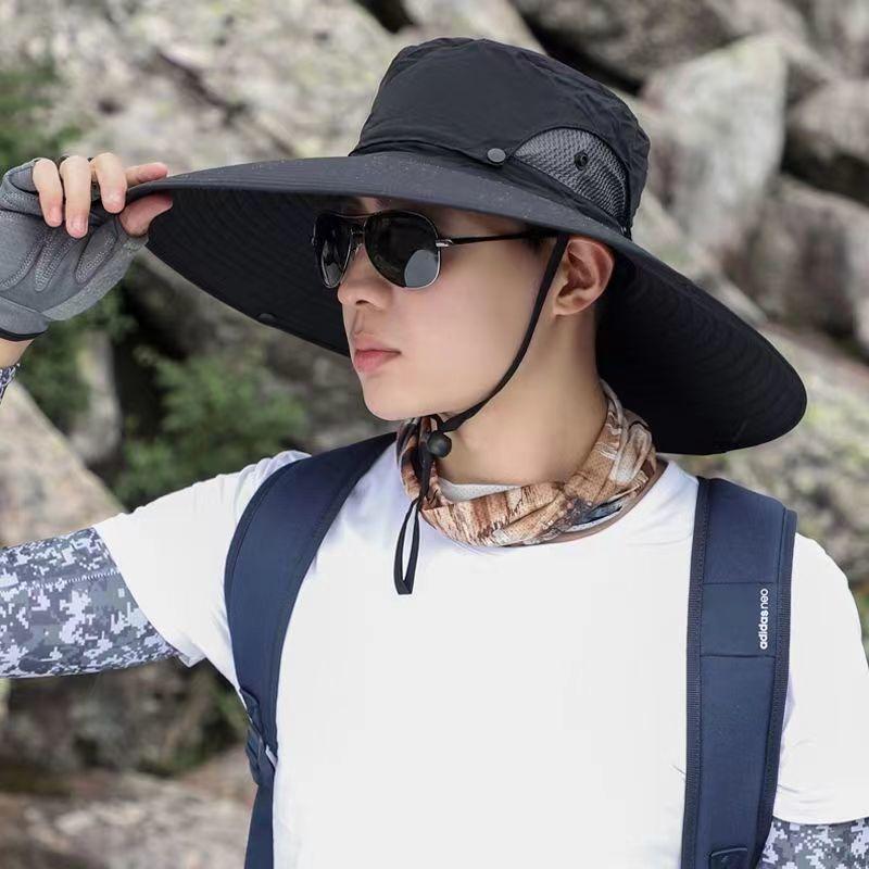 Outdoor Men's Sunshade Hat 15cm Large Brim Hat with Face Covering Fishing Mountaineering Cap Casual Breathable Fisherman Cap