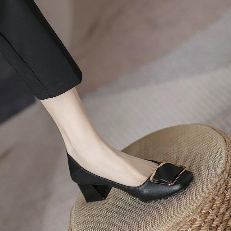 Shallow Mouth Medium Heel Single Shoes Women's Thick Heel New Soft Leather Long Standing Is Not Tired Feet Comfortable Square Buckle Gentle Shoes