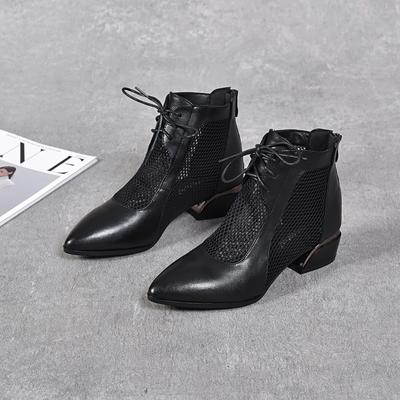 Net Boots Women's New Black Cowhide Mesh Short Boots Pointed Thick Heel Low Heel Fashion Shoes