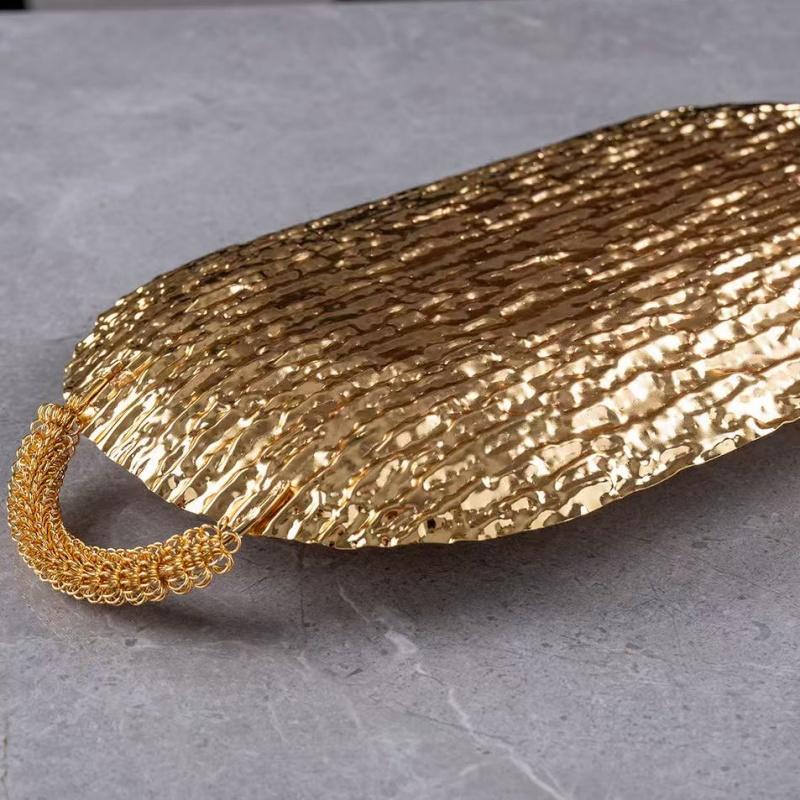 European Fruit Tray, Household Metal Bark Texture Shape Exquisite Handle Cake Plate,Gold Snack Plate Wedding Decoration,20inch