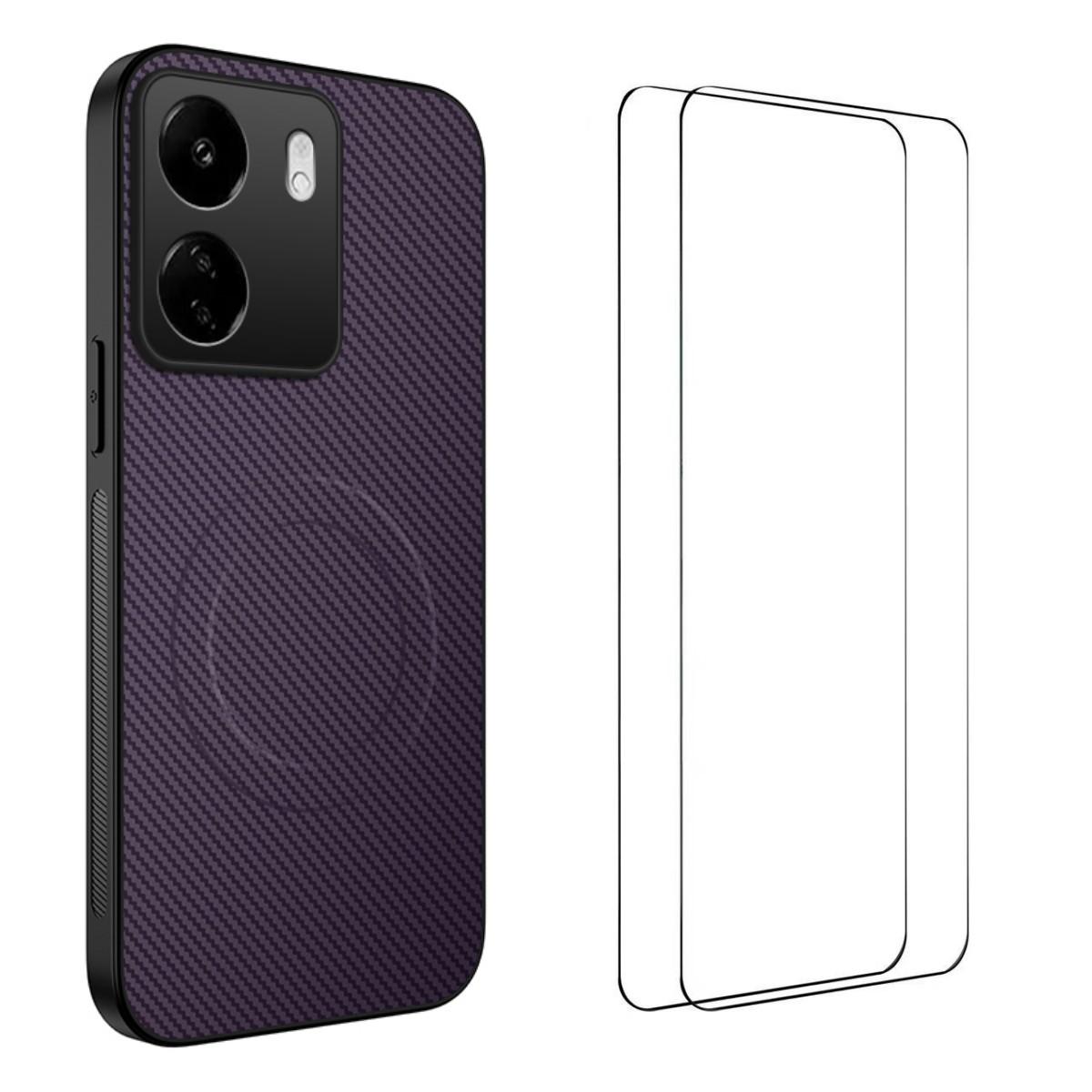 

Для Xiaomi Redmi 13C 4G Магнитный чехол WANLONFENG Серия TQ1 Текстура углеродного волокна PC TPU Чехол для телефона с 2 шт. защитных пленок Purple