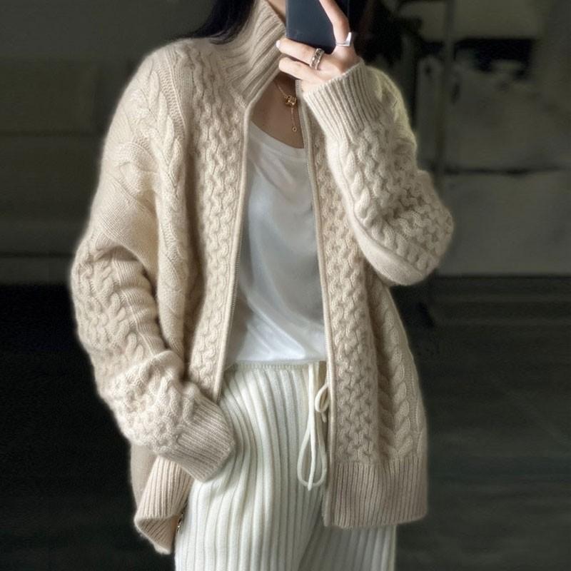 Autumn Winter Thick Turtleneck Cashmere Knitted Cardigan Women Casual Knit Loose Wool Sweater Larg Size Female Jacket Tops