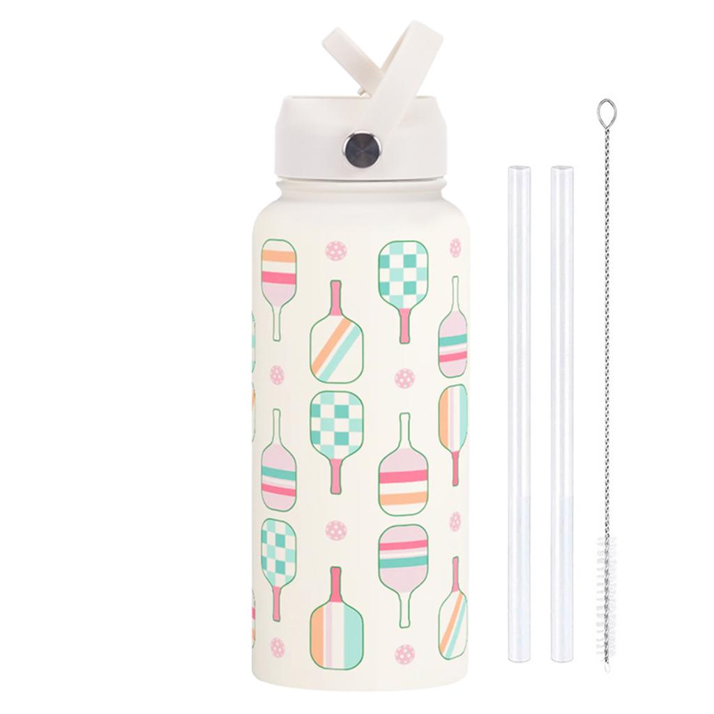 1L Insulated Water Bottle with Flip Straw and Handle Pink Bow Thermal Flask Wide Mouth Stainless Steel for Travel Gym and School
