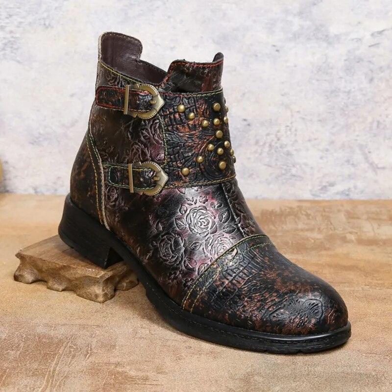 Johnature Buty damskie w stylu vintage, nitowane, ręcznie robione, z prawdziwej skóry, w stylu etnicznym, z klamrą do paska, z wytłoczonymi krótkimi butami