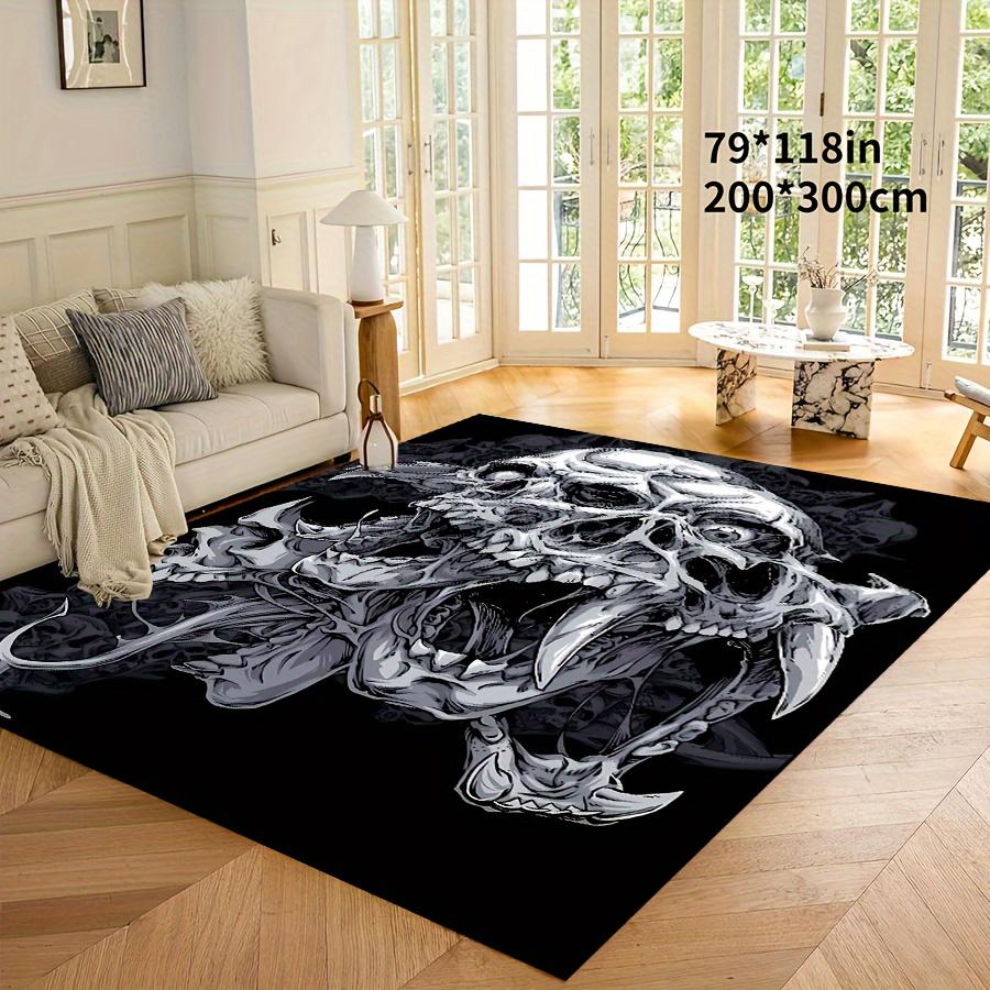 Gothic Skull Design Area Rug Crystal Velvet, Non-Slip Backing, Machine Washable, Black with White Skull & Floral Patte