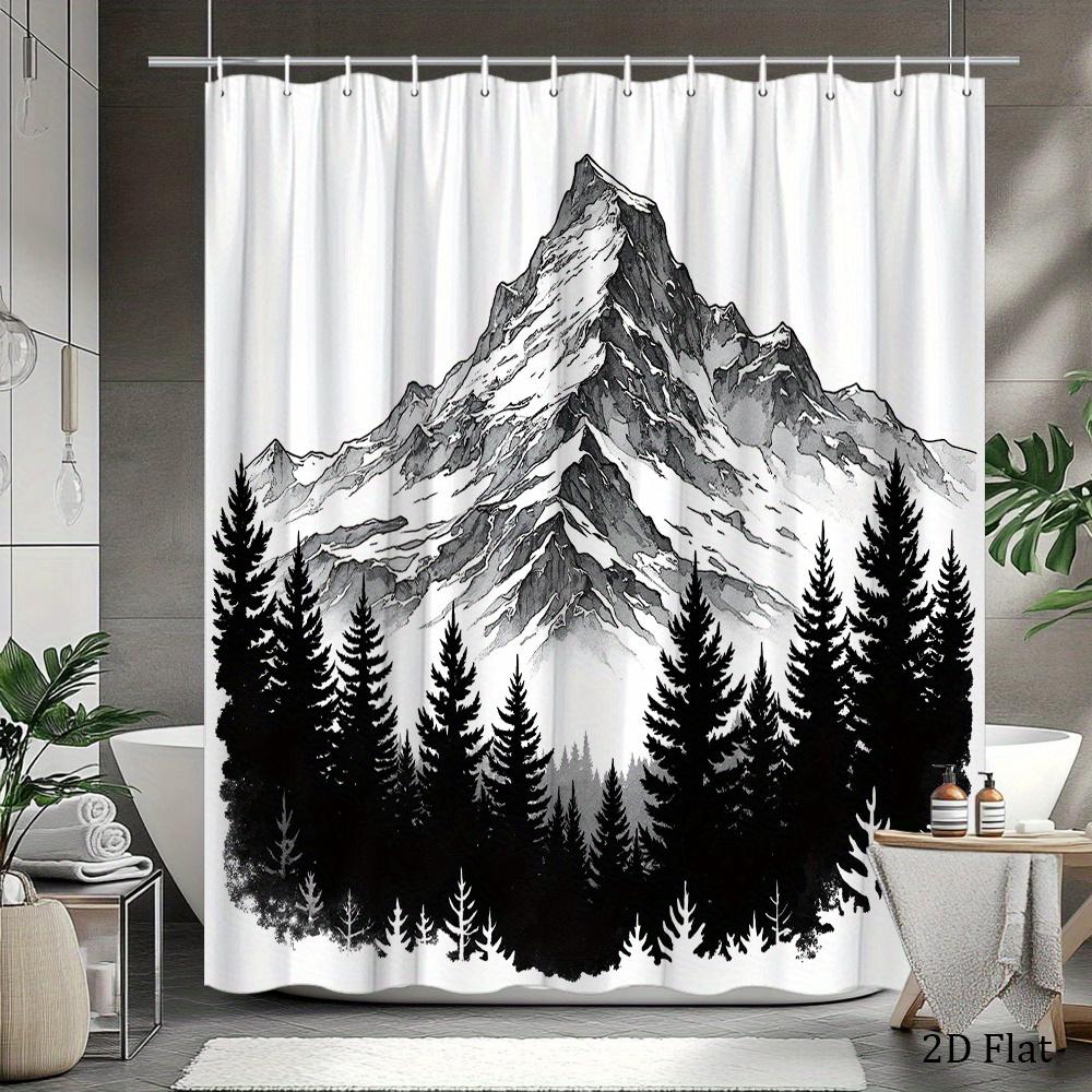 Black White Mountain Shower Curtain Pine Forest Snowy Peak, Minimalist Ink Art Bath Curtain For Modern Bathroom And Home Decor