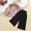 Girl's Bow Sweater Cardigan+Knitted Wide Leg Pants Two-piece Set